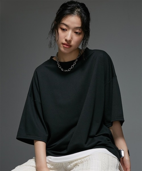 Soiunique（スワユニーク）の「重ね着風ゆったり半袖トップス ［Soiunique］（Tシャツ/カットソー・レディース・杢グレー/ブラック/オレンジ・L/LL/M）」の19枚目の写真