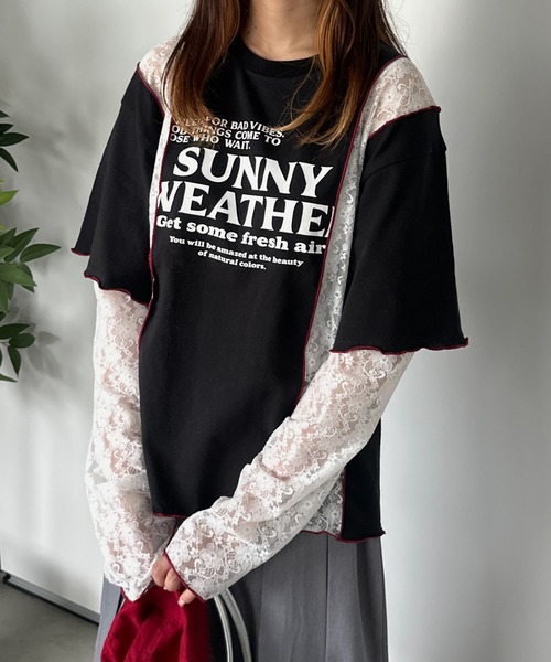 セール】【アームウォーマー付き】レース切り替えレイヤードTシャツ（T