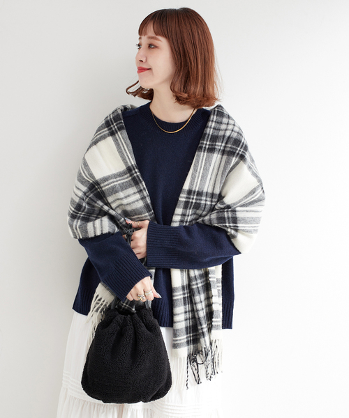 B.C STOCK(ベーセーストック)の「MOON/ムーン 別注 チェックストール(マフラー・レディース・ブルー/グリーン/ブラック/グレー/チャコールグレー・FREE)」の2枚目の写真