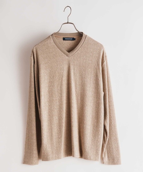 UNION STATION（ユニオンステーション）の「ジオメトリック柄のミルジャガードＶネックロンＴｅｅ（Tシャツ/カットソー・メンズ・ホワイト/ブラック/ベージュ・LL/L/M/S）」の3枚目の写真