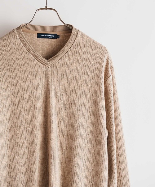 UNION STATION（ユニオンステーション）の「ジオメトリック柄のミルジャガードＶネックロンＴｅｅ（Tシャツ/カットソー・メンズ・ホワイト/ブラック/ベージュ・LL/L/M/S）」の7枚目の写真