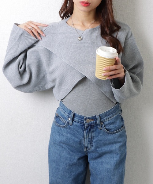 Lace Ladies（レースレディース）の「クルーネック バットウィングスリーブ クロスニット クロップ丈 トップス セーター（ニット/セーター・レディース・グレー/ベージュ・FREE）」の3枚目の写真