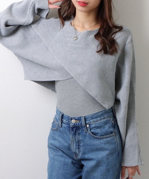 Lace Ladies（レースレディース）の「クルーネック バットウィングスリーブ クロスニット クロップ丈 トップス セーター（ニット/セーター・レディース・グレー/ベージュ・FREE）」の4枚目の写真