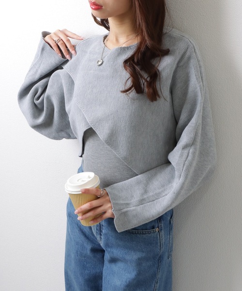 Lace Ladies（レースレディース）の「クルーネック バットウィングスリーブ クロスニット クロップ丈 トップス セーター（ニット/セーター・レディース・グレー/ベージュ・FREE）」の5枚目の写真