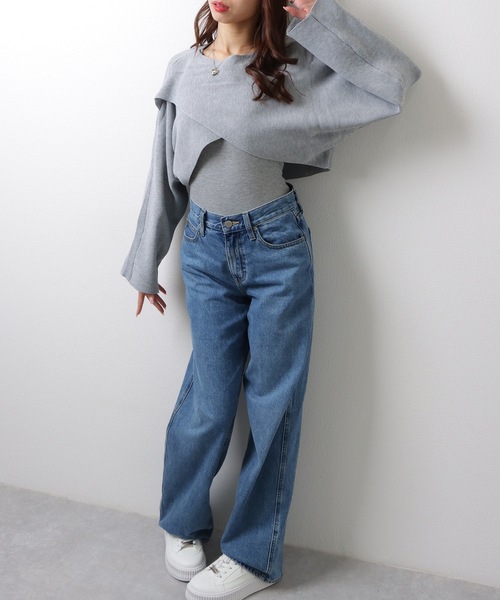 Lace Ladies（レースレディース）の「クルーネック バットウィングスリーブ クロスニット クロップ丈 トップス セーター（ニット/セーター・レディース・グレー/ベージュ・FREE）」の6枚目の写真