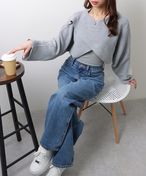 Lace Ladies（レースレディース）の「クルーネック バットウィングスリーブ クロスニット クロップ丈 トップス セーター（ニット/セーター・レディース・グレー/ベージュ・FREE）」の7枚目の写真