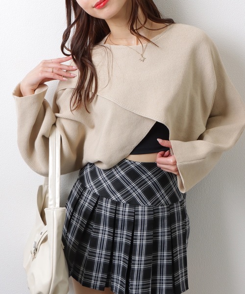 Lace Ladies（レースレディース）の「クルーネック バットウィングスリーブ クロスニット クロップ丈 トップス セーター（ニット/セーター・レディース・グレー/ベージュ・FREE）」の8枚目の写真