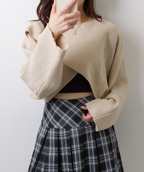 Lace Ladies（レースレディース）の「クルーネック バットウィングスリーブ クロスニット クロップ丈 トップス セーター（ニット/セーター・レディース・グレー/ベージュ・FREE）」の12枚目の写真