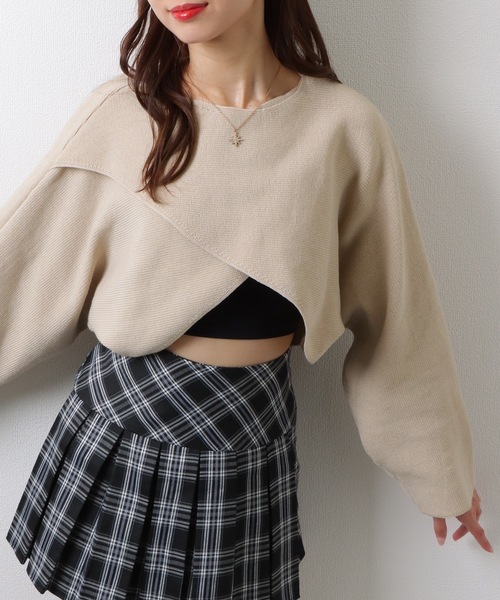 Lace Ladies（レースレディース）の「クルーネック バットウィングスリーブ クロスニット クロップ丈 トップス セーター（ニット/セーター・レディース・グレー/ベージュ・FREE）」の9枚目の写真