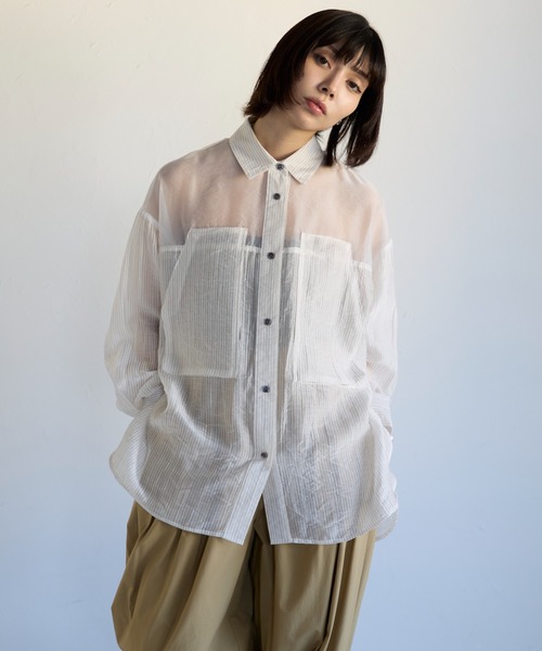 美品TOUJOURS ホワイト ストライプ シャツ　フリーサイズ　Aライン ノンアイロン白ドビーストライプシャツ シャツカラー【AOKI公式