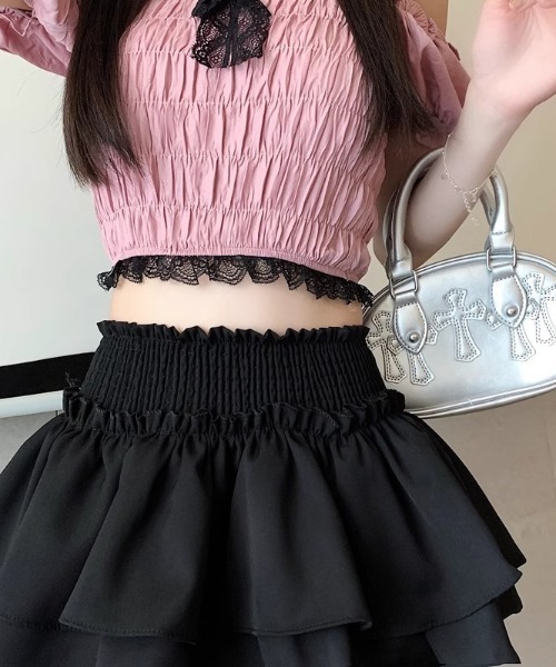 Mejoul（メジュール）の「【インナーパンツ付】ウエストギャザー ティアードフリルミニスカート（スカート・レディース・ブラック/ホワイト・L/M）」の16枚目の写真