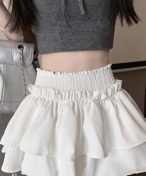 Mejoul（メジュール）の「【インナーパンツ付】ウエストギャザー ティアードフリルミニスカート（スカート・レディース・ブラック/ホワイト・L/M）」の9枚目の写真