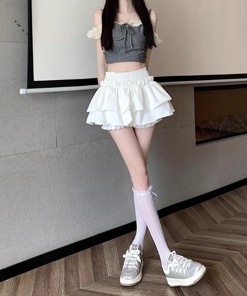 Mejoul（メジュール）の「【インナーパンツ付】ウエストギャザー ティアードフリルミニスカート（スカート・レディース・ブラック/ホワイト・L/M）」の5枚目の写真