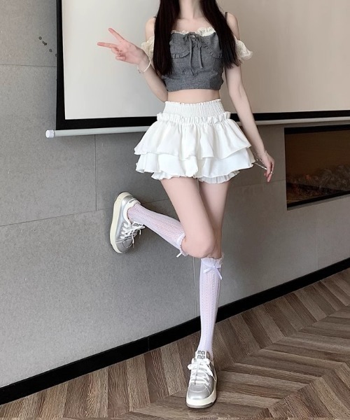 Mejoul（メジュール）の「【インナーパンツ付】ウエストギャザー ティアードフリルミニスカート（スカート・レディース・ブラック/ホワイト・L/M）」の7枚目の写真