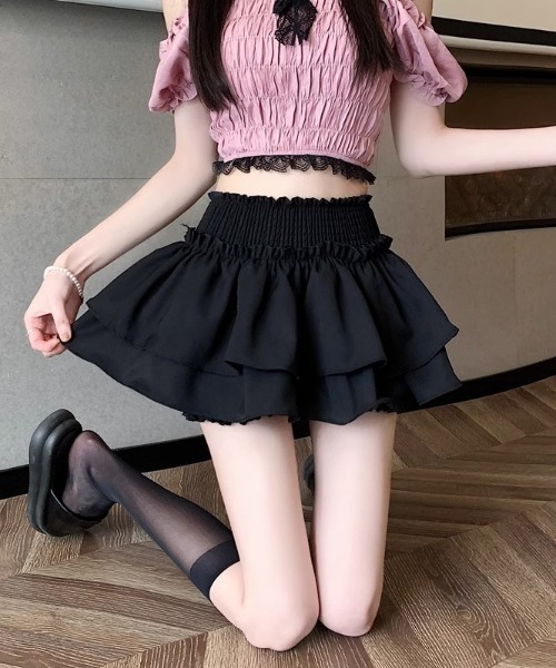 Mejoul（メジュール）の「【インナーパンツ付】ウエストギャザー ティアードフリルミニスカート（スカート・レディース・ブラック/ホワイト・L/M）」の22枚目の写真