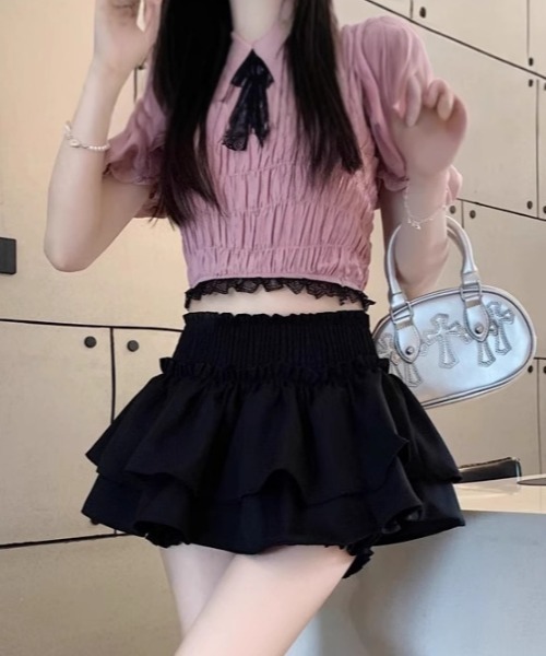 Mejoul（メジュール）の「【インナーパンツ付】ウエストギャザー ティアードフリルミニスカート（スカート・レディース・ブラック/ホワイト・L/M）」の21枚目の写真