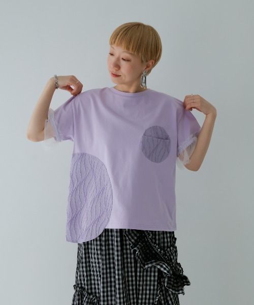 unica(ユニカ)の「パッチワークワンポケットT(Tシャツ/カットソー・レディース・ブラック/ライトパープル/オフホワイト・F)」の2枚目の写真