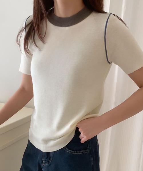 LOWO(ロワ)の「バイカラーコンパクトプルオーバー(Tシャツ/カットソー・レディース・ピンク/グリーン系/ミント/ブルー/オフホワイト・FREE)」の2枚目の写真