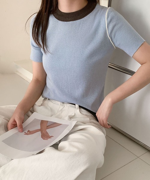 LOWO(ロワ)の「バイカラーコンパクトプルオーバー(Tシャツ/カットソー・レディース・ピンク/グリーン系/ミント/ブルー/オフホワイト・FREE)」の5枚目の写真