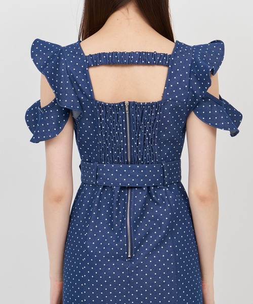 CHICWISH★ティアードラッフルドット柄ワンピース☆ セール】ドット柄ラッフルスリーブハートボタンワンピース