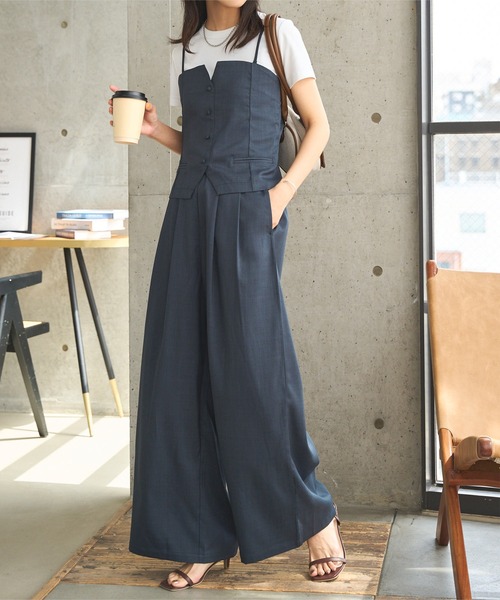 麻タッチキャミベスト×タックパンツセットアップ（セットアップ