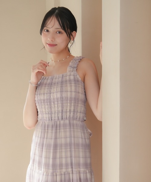 ASTORIA ODIER(アストリアオディール)の「チェックシャーリングバルーンキャミワンピース(ワンピース・レディース・ラベンダー/レッド・MEDIUM)」の2枚目の写真
