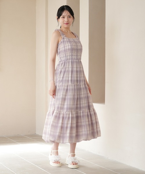 ASTORIA ODIER(アストリアオディール)の「チェックシャーリングバルーンキャミワンピース(ワンピース・レディース・ラベンダー/レッド・MEDIUM)」の6枚目の写真