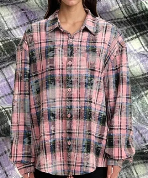 Bling Leads(ブリングリーズ)の「Z)【BLINGLEADS】ABS22170 チェックシャツ(シャツ/ブラウス・レディース・ピンク/カーキ・MEDIUM/LARGE)」の3枚目の写真