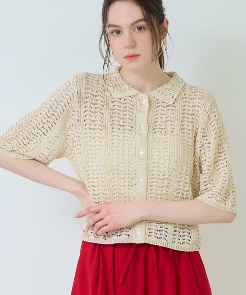 Settimissimo(セッティミッシモ)の「ハーフ スリーブ 透かし編み ニット シャツ(ニット/セーター・レディース・アイボリー/ブラック・FREE)」の3枚目の写真