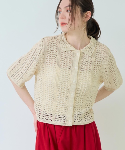 Settimissimo(セッティミッシモ)の「ハーフ スリーブ 透かし編み ニット シャツ(ニット/セーター・レディース・アイボリー/ブラック・FREE)」の4枚目の写真