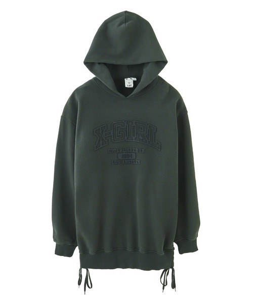 X-girl（エックスガール）の「COLLEGE LOGO DRAWSTRING SWEAT DRESS（ワンピース・レディース・チャコール/ベージュ/パープル・S/M）」の2枚目の写真