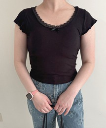 ワンポイントリボン半袖リブトップス