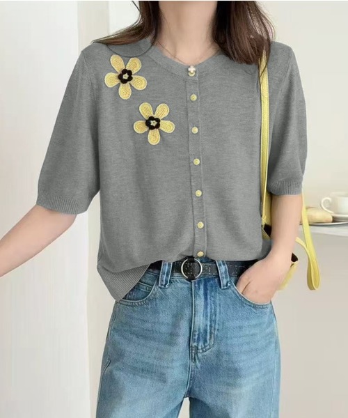 セール】フラワー刺繍半袖ニットカーディガン（カーディガン