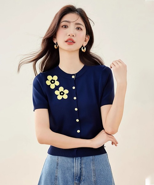 セール】フラワー刺繍半袖ニットカーディガン（カーディガン