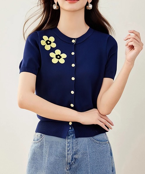 セール】フラワー刺繍半袖ニットカーディガン（カーディガン