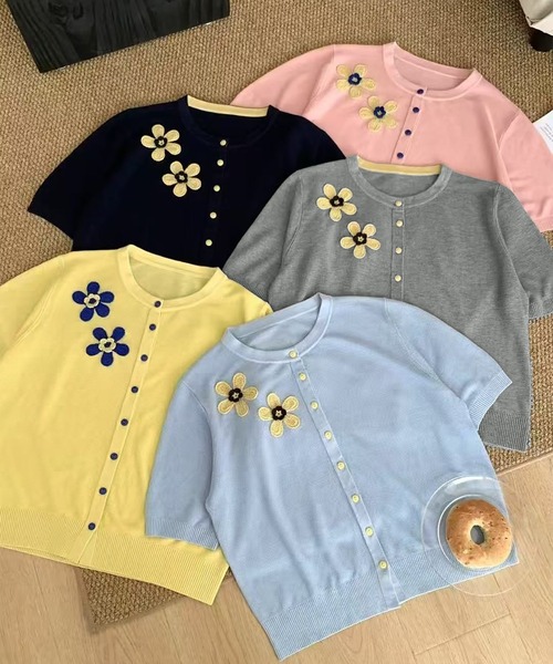セール】フラワー刺繍半袖ニットカーディガン（カーディガン