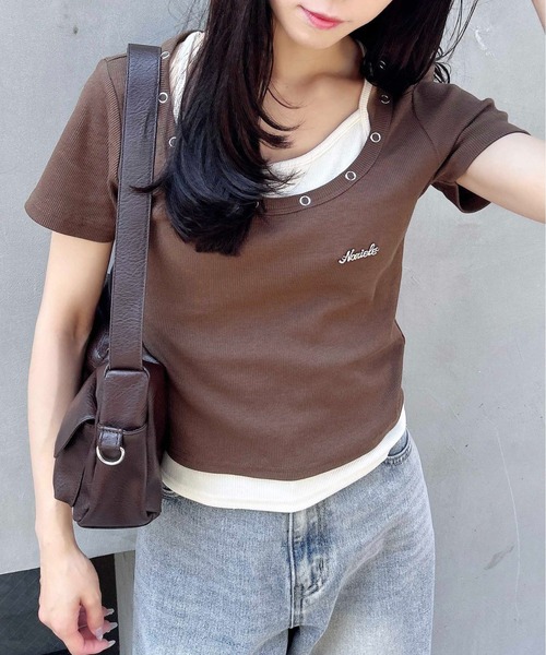 INGNI(イング)の「プレート付ハトメレイヤードリブトップス(Tシャツ/カットソー・レディース・ホワイト×ブラック/ブラウン系その他4/ブラック×グレー・M)」の5枚目の写真
