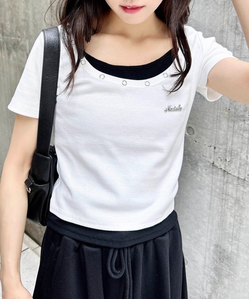 INGNI(イング)の「プレート付ハトメレイヤードリブトップス(Tシャツ/カットソー・レディース・ホワイト×ブラック/ブラウン系その他4/ブラック×グレー・M)」の11枚目の写真