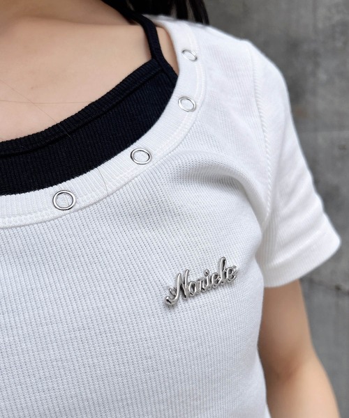 INGNI(イング)の「プレート付ハトメレイヤードリブトップス(Tシャツ/カットソー・レディース・ホワイト×ブラック/ブラウン系その他4/ブラック×グレー・M)」の12枚目の写真
