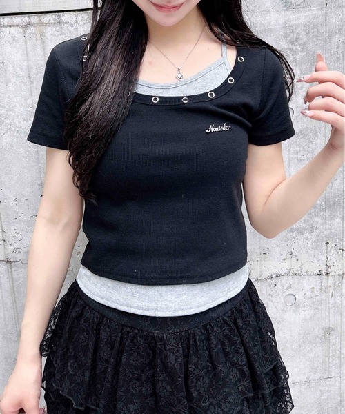 INGNI(イング)の「プレート付ハトメレイヤードリブトップス(Tシャツ/カットソー・レディース・ホワイト×ブラック/ブラウン系その他4/ブラック×グレー・M)」の18枚目の写真