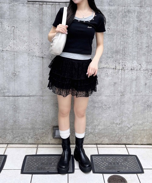 INGNI(イング)の「プレート付ハトメレイヤードリブトップス(Tシャツ/カットソー・レディース・ホワイト×ブラック/ブラウン系その他4/ブラック×グレー・M)」の22枚目の写真