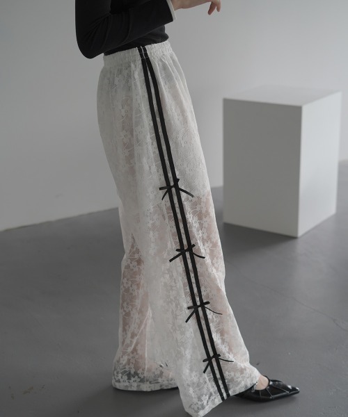 セール】All-lace ribbon design side line easy pants / 総