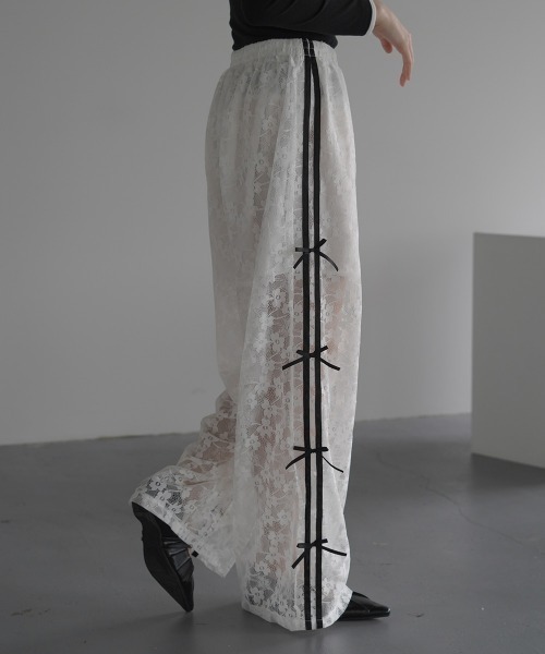 セール】All-lace ribbon design side line easy pants / 総