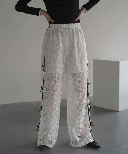 セール】All-lace ribbon design side line easy pants / 総