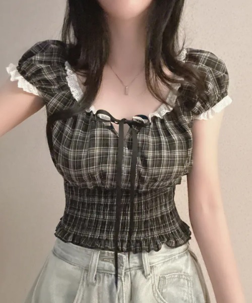 【モード】3months 25ss フリルレースチェック半袖シャツ セール】フリルレース付きギャザーチェックブラウス（Tシャツ