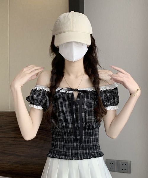 セール】フリルレース付きギャザーチェックブラウス（Tシャツ