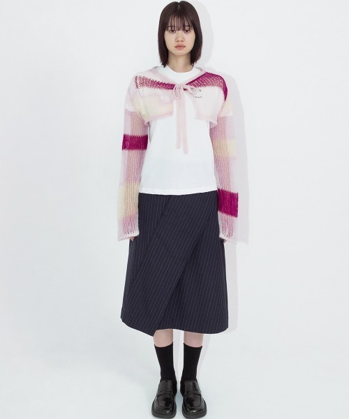 soduk（スドーク）の「patchwork short knit cardigan（カーディガン/ボレロ・レディース・ネイビー/ピンク・ONE SIZE）」の4枚目の写真
