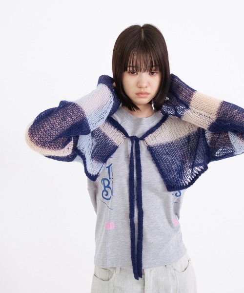 soduk（スドーク）の「patchwork short knit cardigan（カーディガン/ボレロ・レディース・ネイビー/ピンク・ONE SIZE）」の9枚目の写真