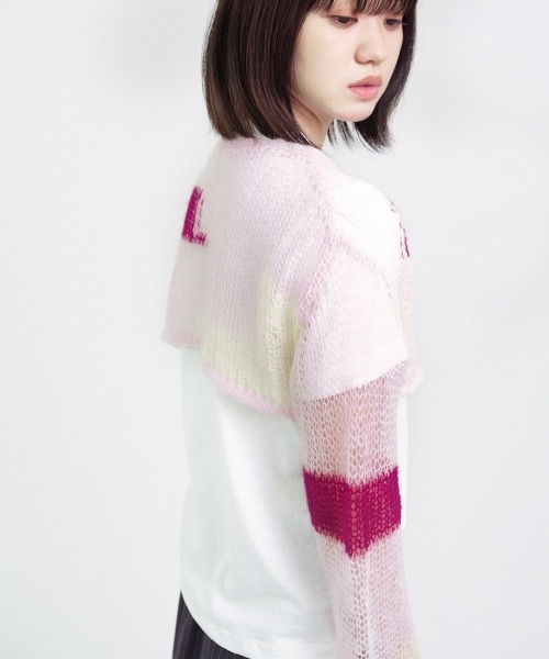 soduk（スドーク）の「patchwork short knit cardigan（カーディガン/ボレロ・レディース・ネイビー/ピンク・ONE SIZE）」の3枚目の写真