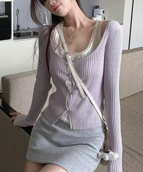 AsRiRe（アスリレイ）の「レース切り替え　レイヤード風ニットトップス（シャツ/ブラウス・レディース・グレー/ホワイト/パープル・M）」の9枚目の写真